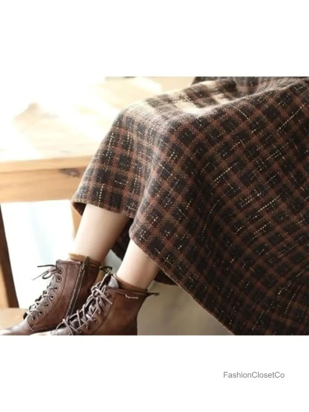 Women's Vintage Plaid A-Line Midi Wool Skirt with Pockets